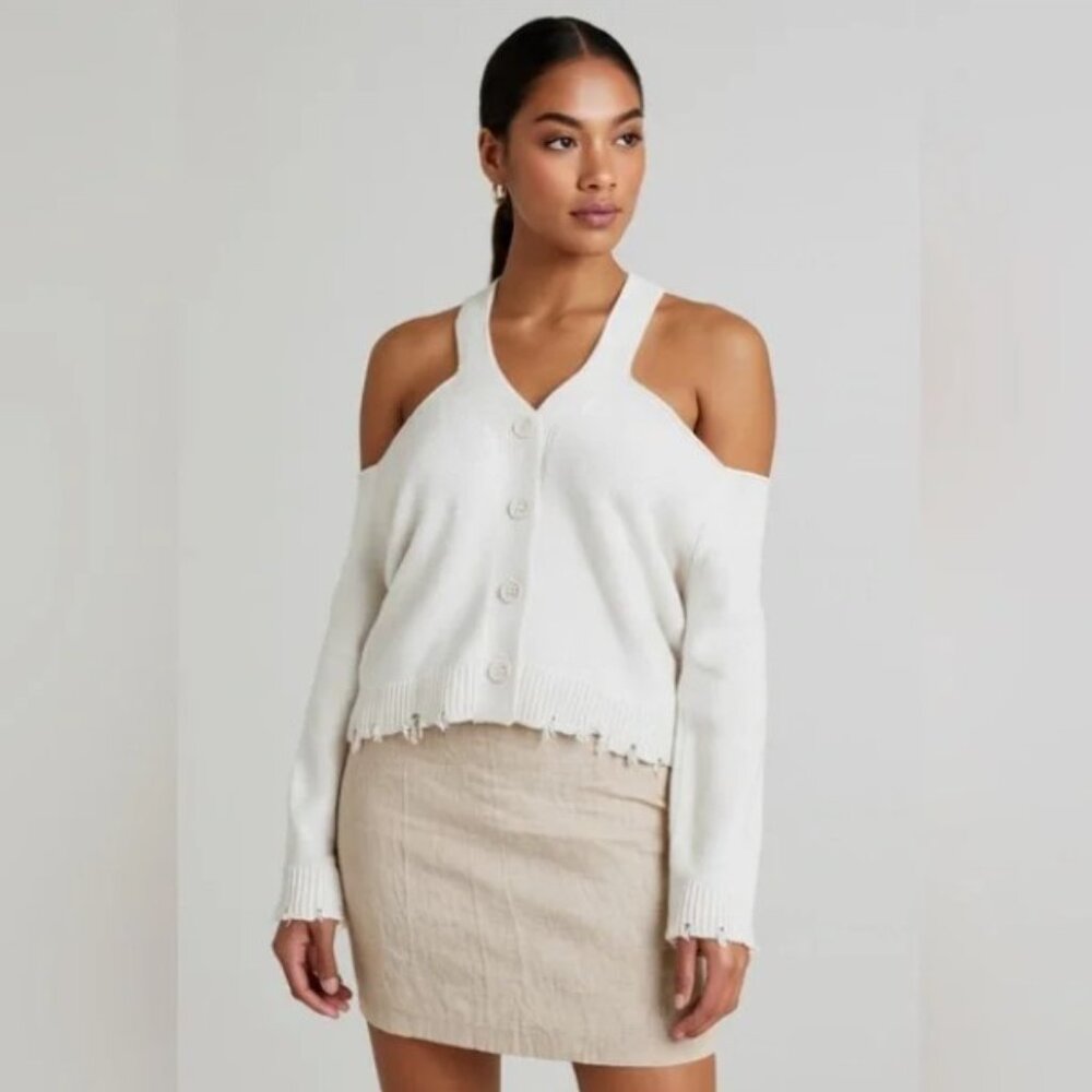 525 America White Cold-Shoulder Buttoned Sweater